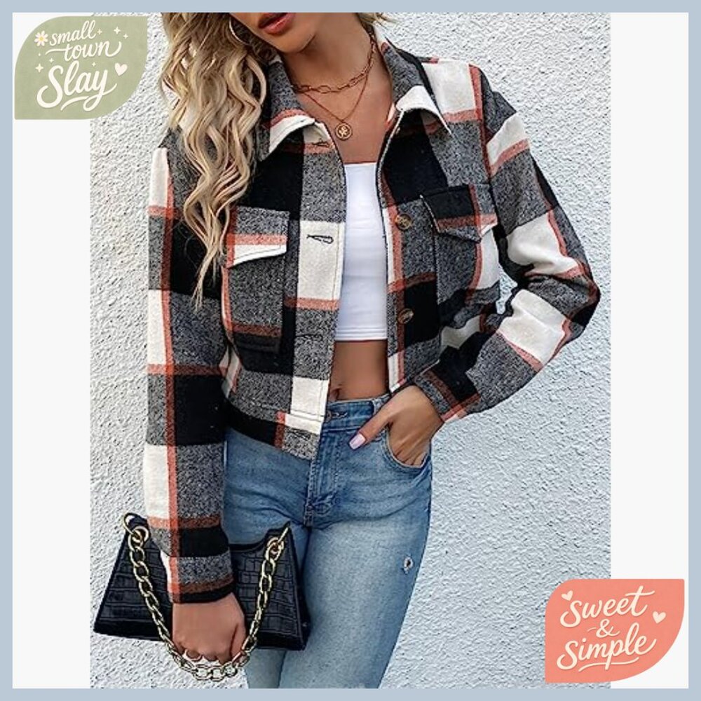 Flannel Cropped Plaid Shacket Jacket Button Down … - image 5